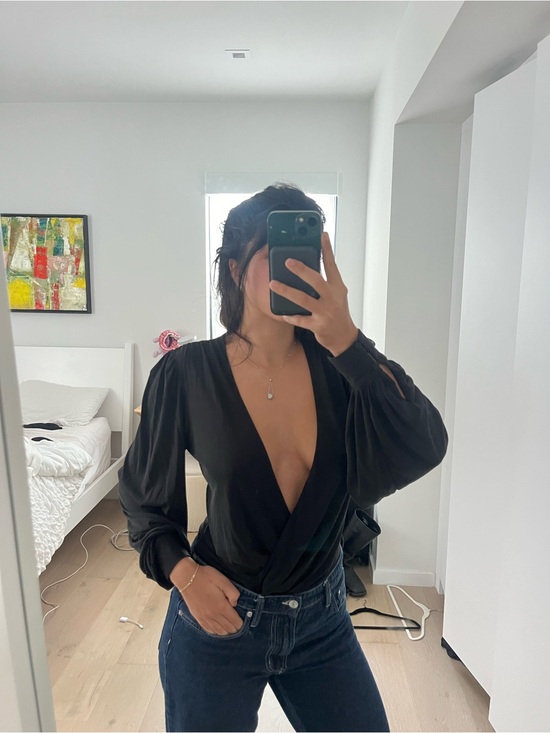 Lovers + Friends Tops - Lovers + Friends Black Deep V Long-Sleeve Bodysuit